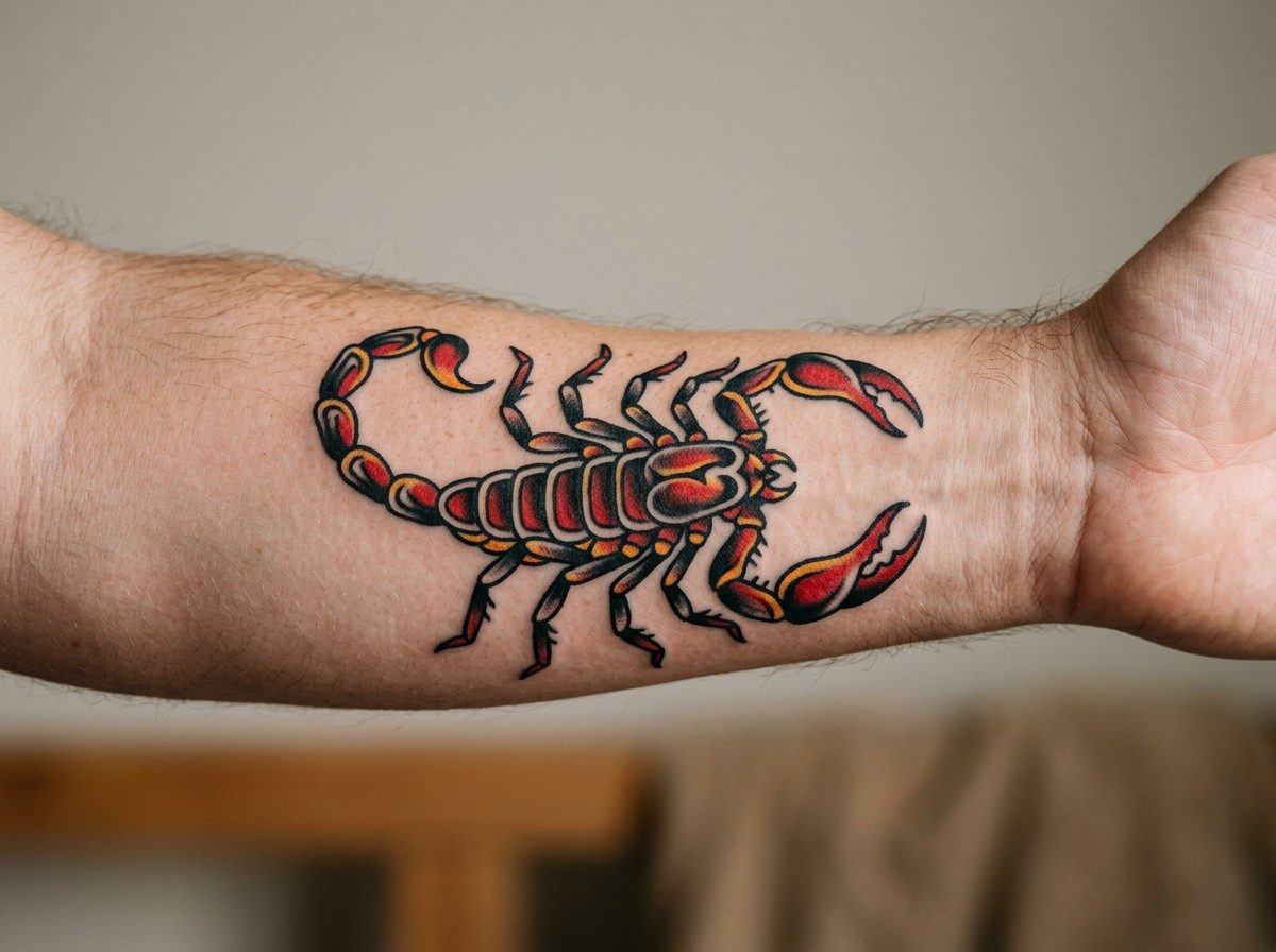 Scorpion tattoo: traditional scorpion on the outer forearm