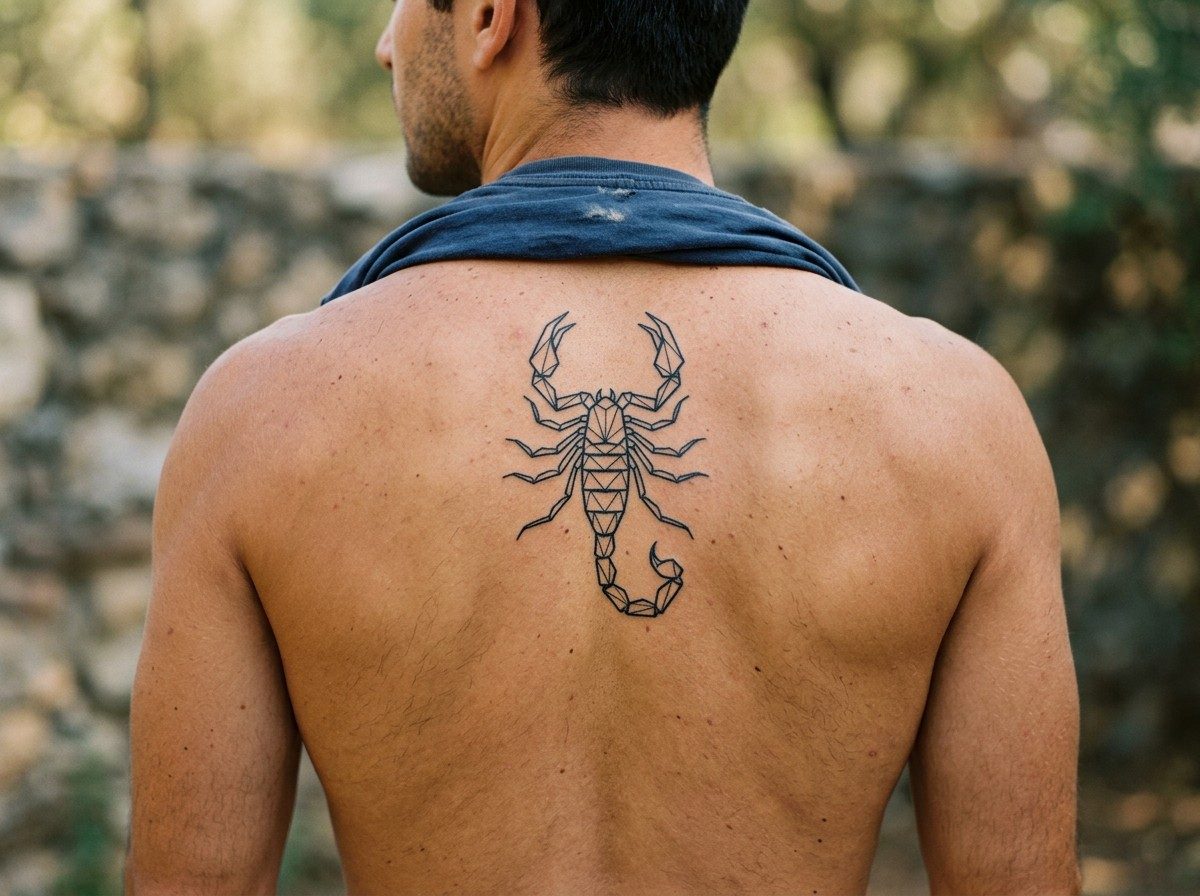 Scorpion tattoo: geometric scorpion on the upper back