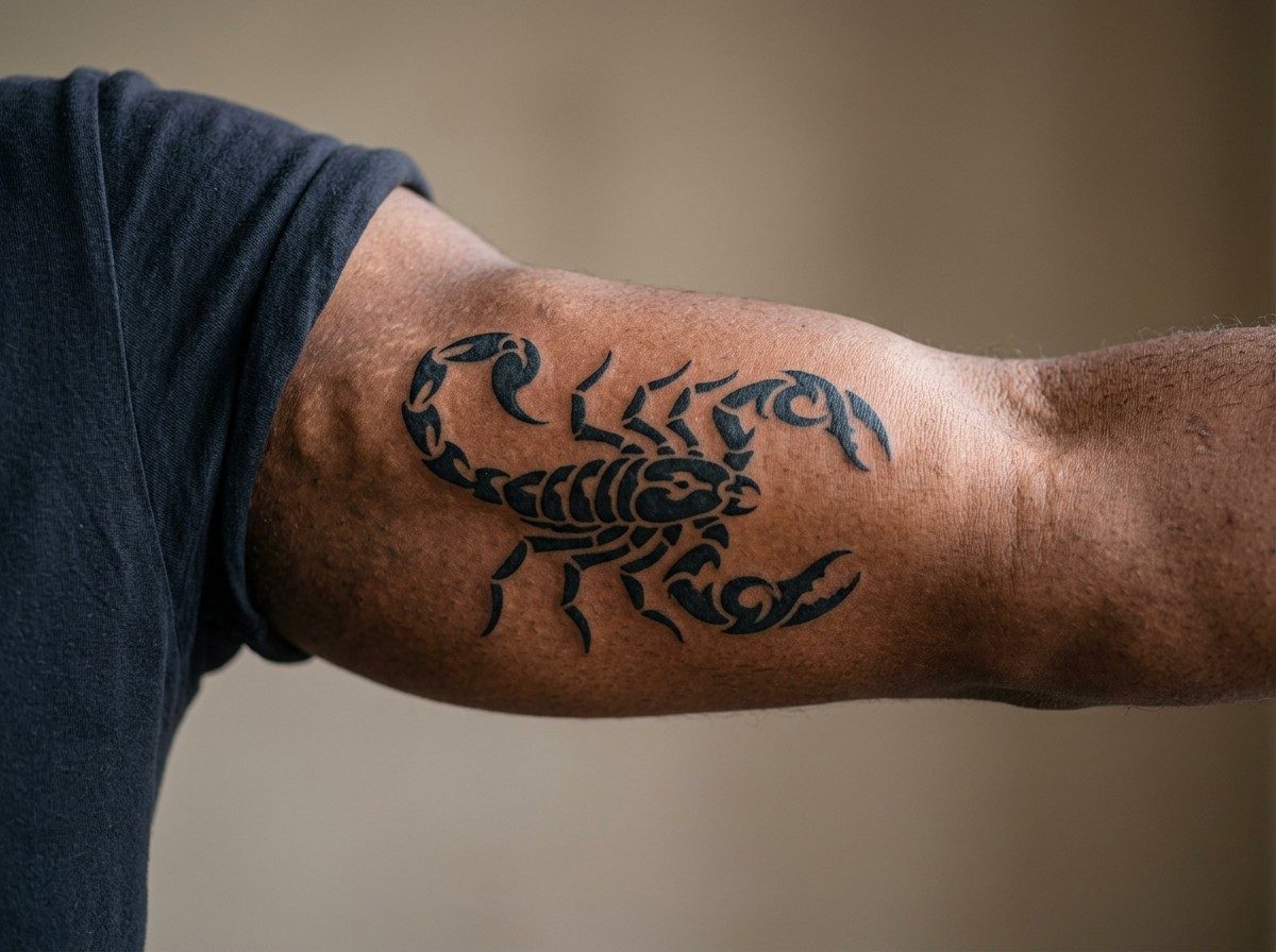 Scorpion tattoo: tribal scorpion on the upper arm