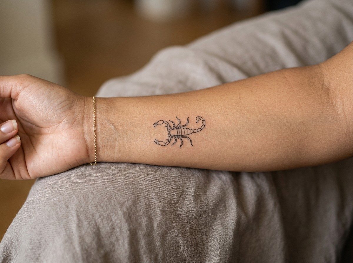 Scorpion tattoo: fine line scorpion on the inner forearm
