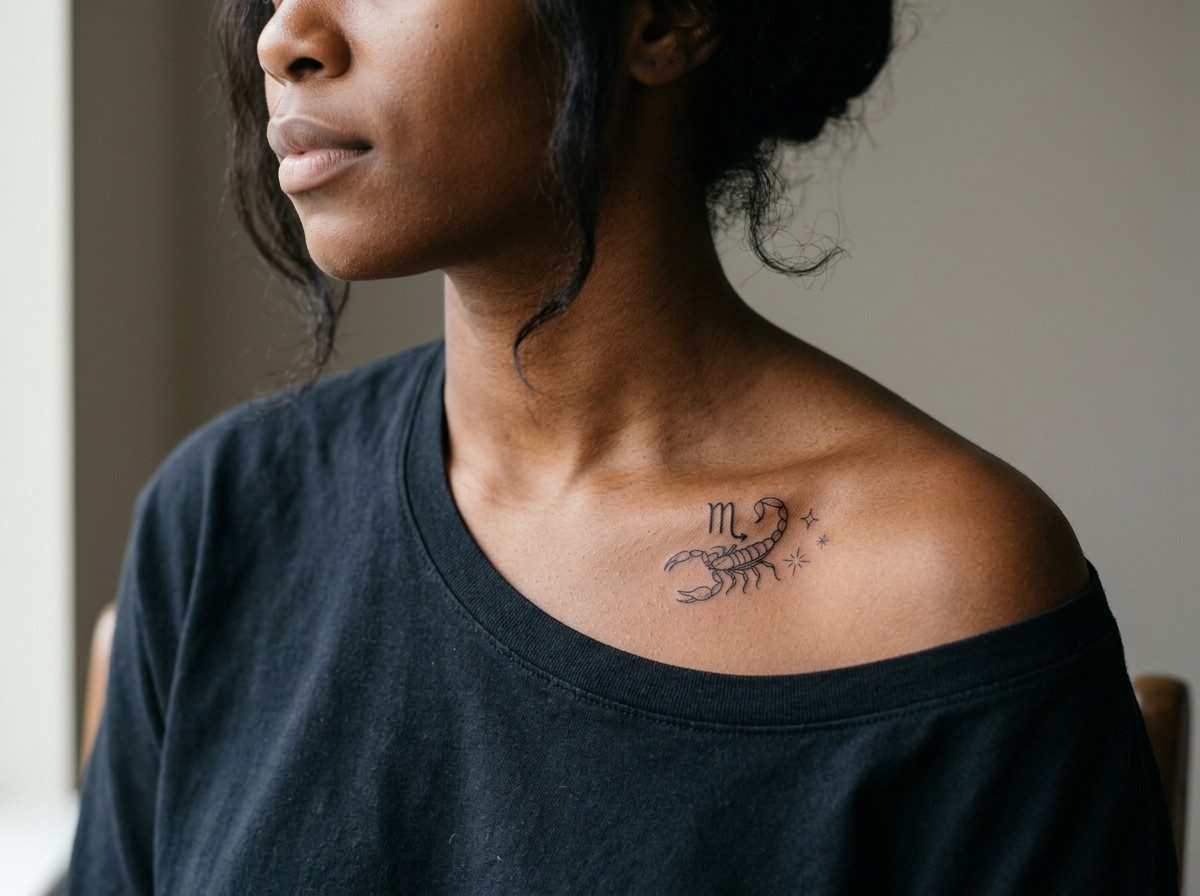 Scorpion tattoo: scorpio zodiac scorpion on the collarbone