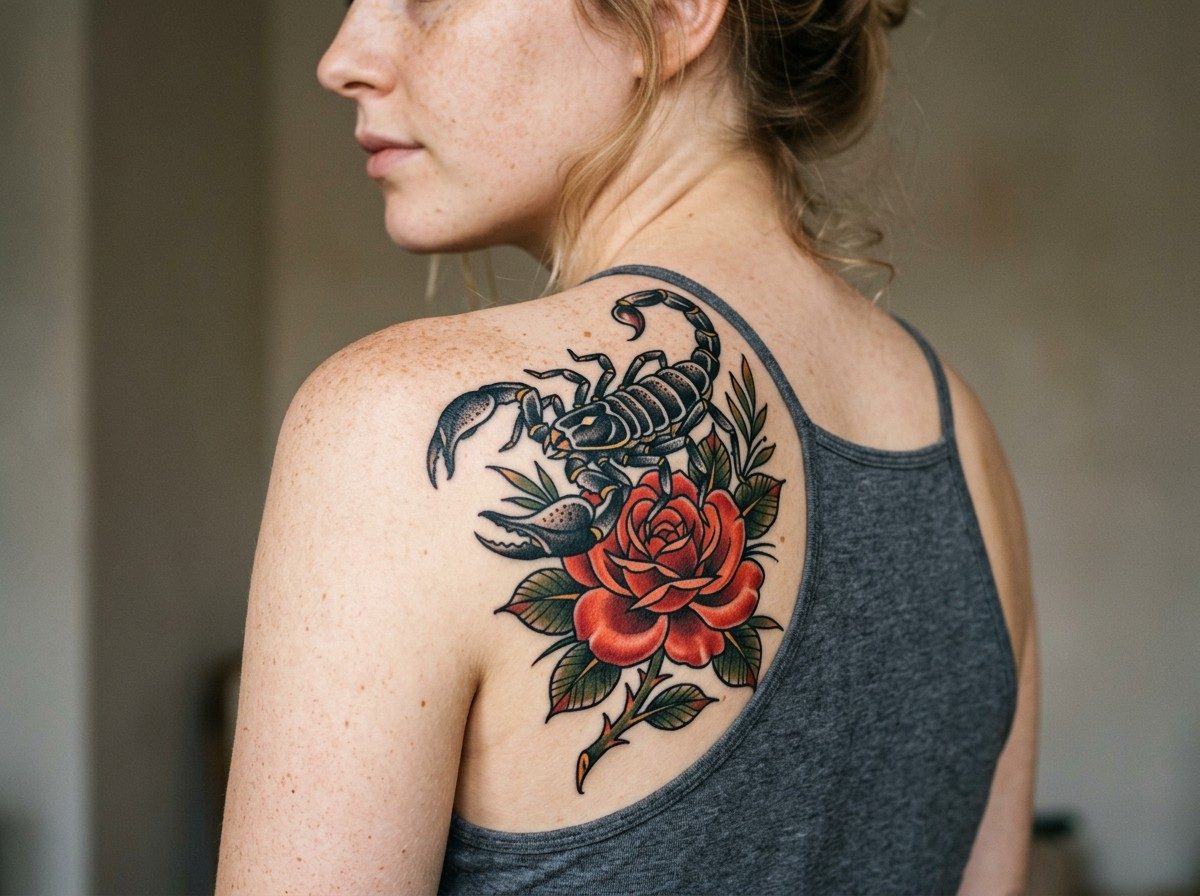 Scorpion tattoo: scorpion and rose on the shoulder