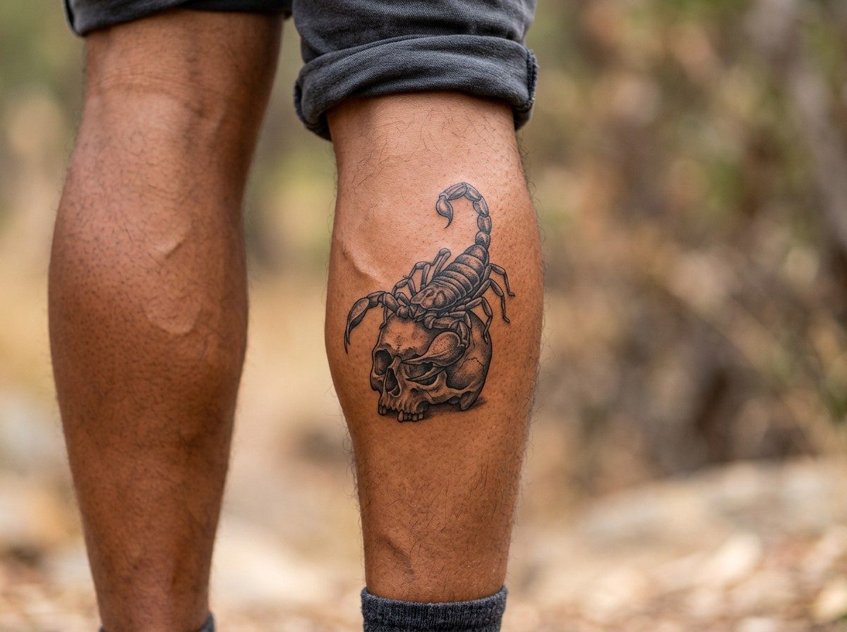 Scorpion tattoo: scorpion with skull on the lower leg (human calf muscle)