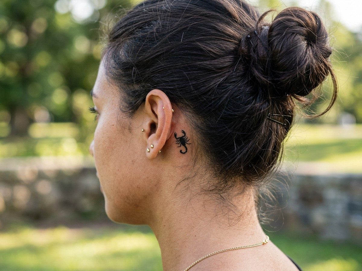 Scorpion tattoo: tiny scorpion behind the ear