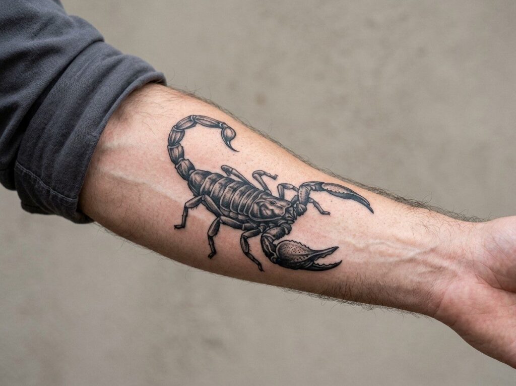 Scorpion tattoo: black and grey scorpion on the forearm