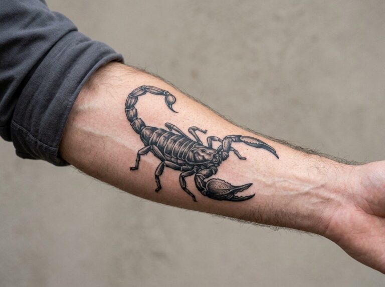 Scorpion tattoo: black and grey scorpion on the forearm
