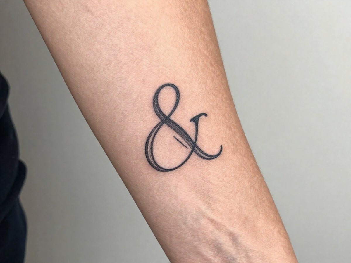Flowing calligraphy script ampersand symbol tattoo on the inner forearm