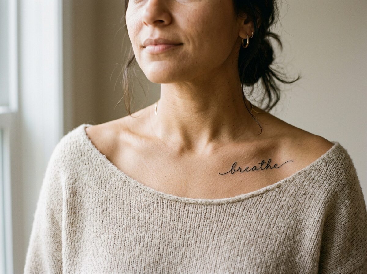 Fine script word tattoo under the collarbone