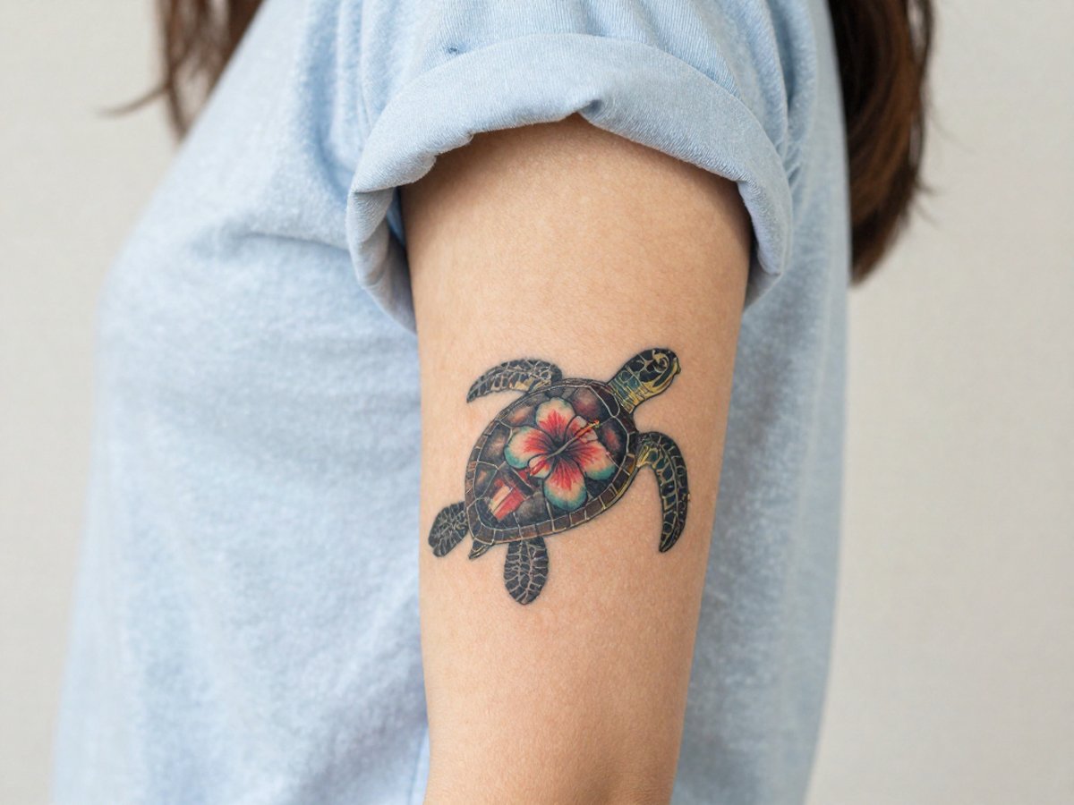 Colorful sea turtle with red hibiscus flowers tattoo on the upper arm