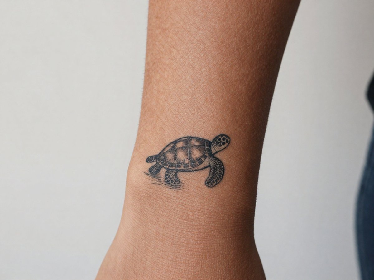 Small sea turtle swimming inside a curling wave tattoo on the inner wrist
