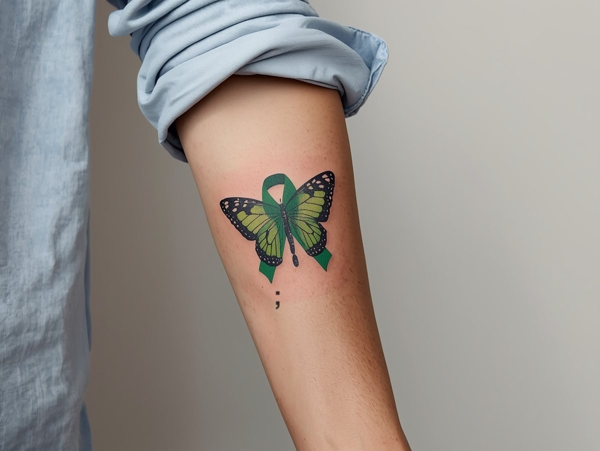 A green awareness ribbon turning into butterfly wings around a semicolon on the outer forearm