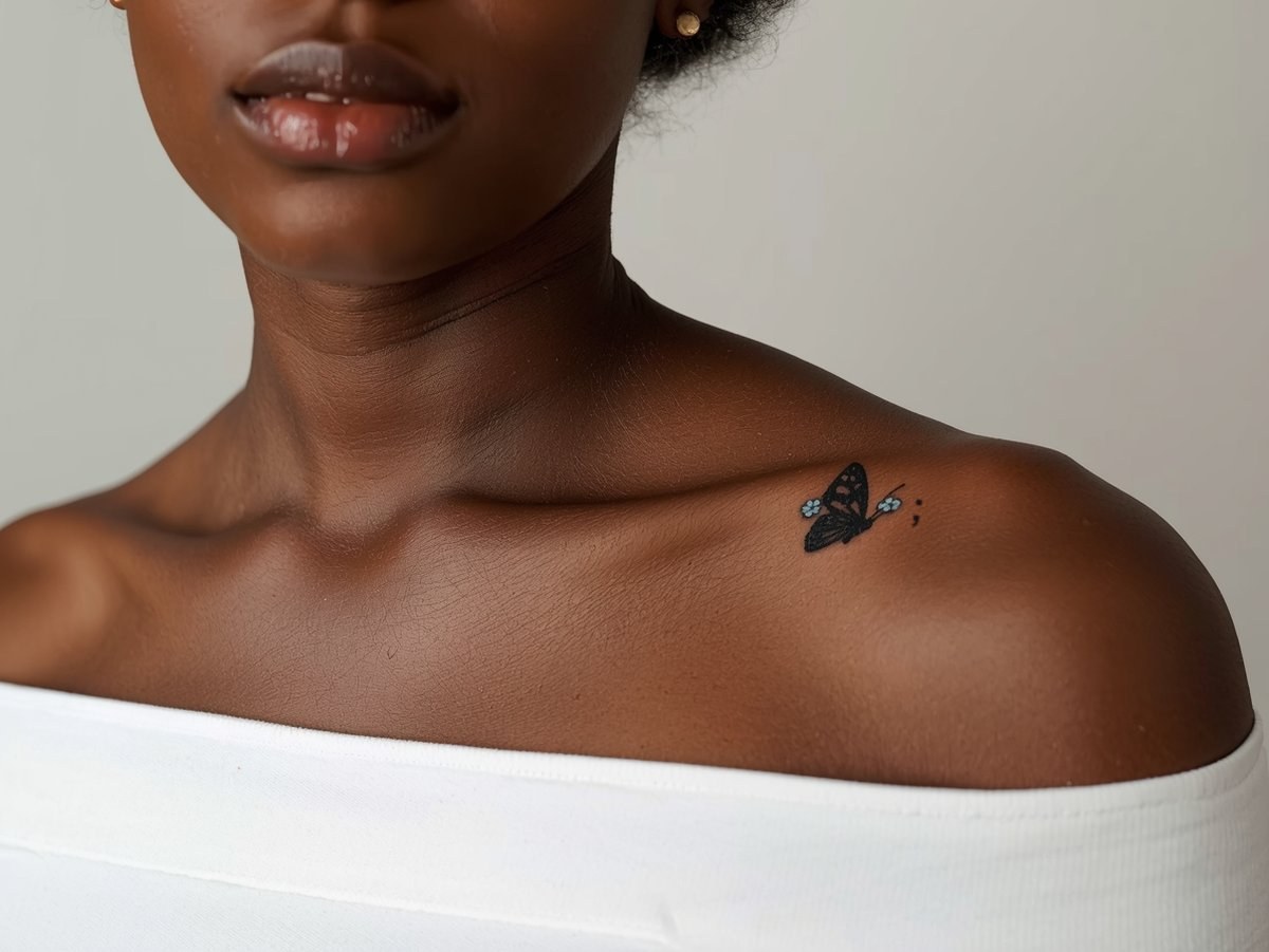 A semicolon butterfly with small blue forget me not flowers on the collarbone