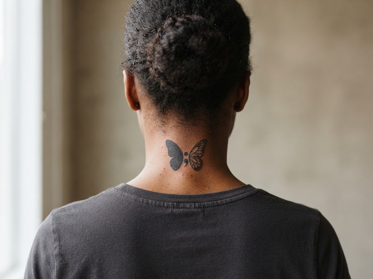 A semicolon butterfly with one wing filled solid black and the other open on the back of the neck