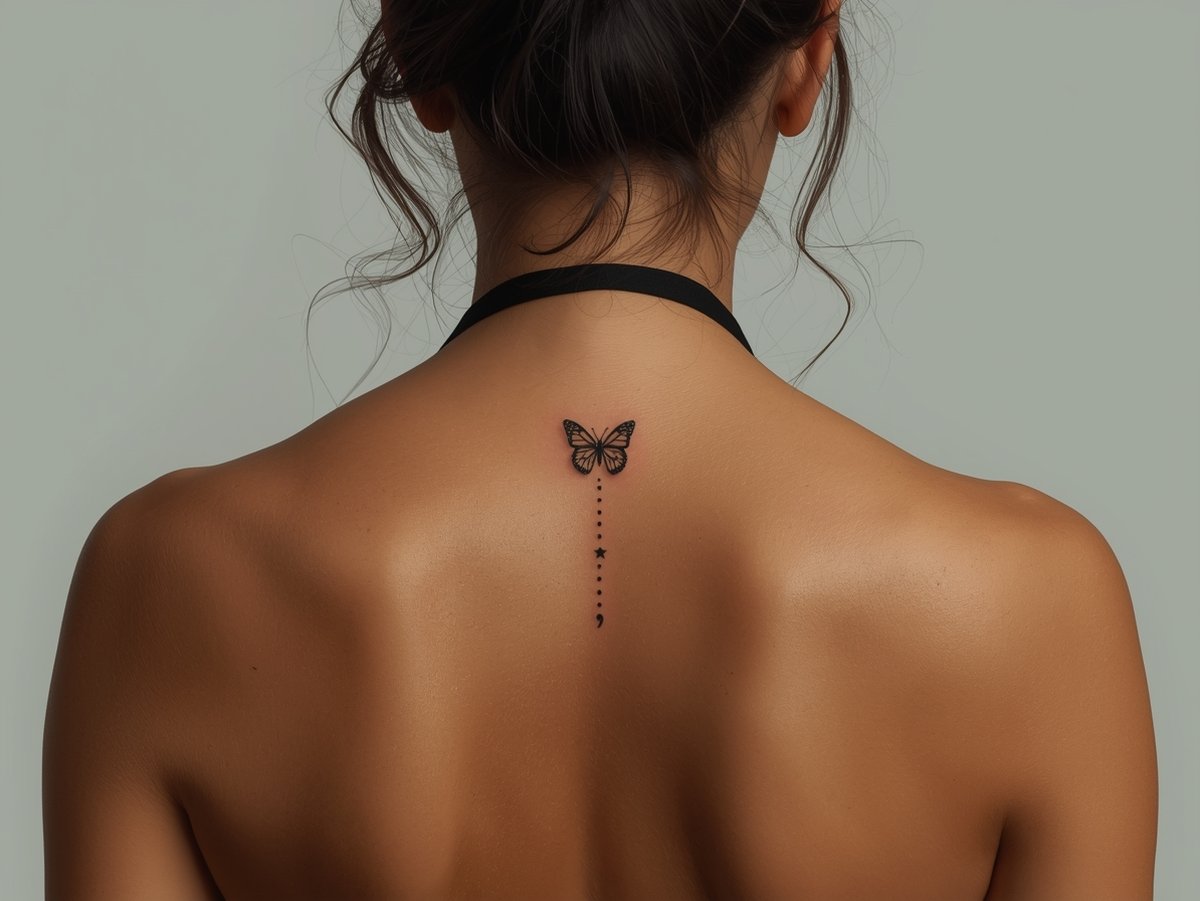 A semicolon butterfly flying upward with a trail of tiny stars on the spine