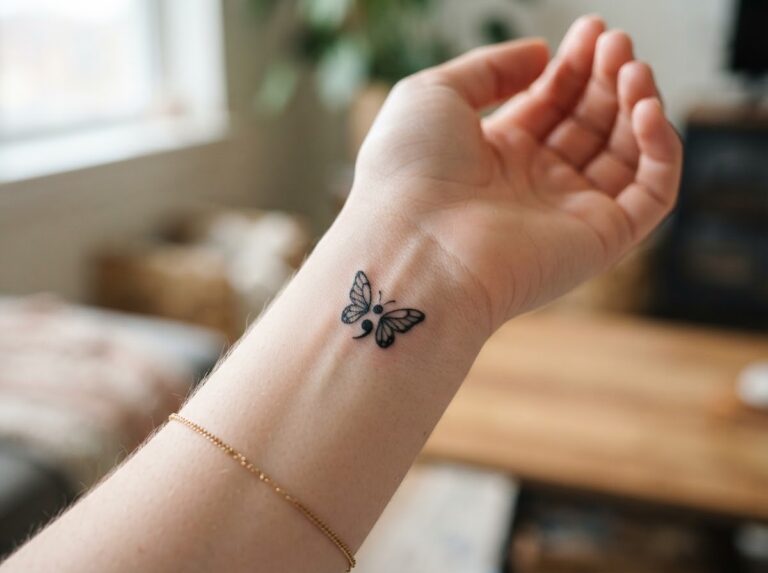 Semicolon butterfly tattoo on the inner wrist