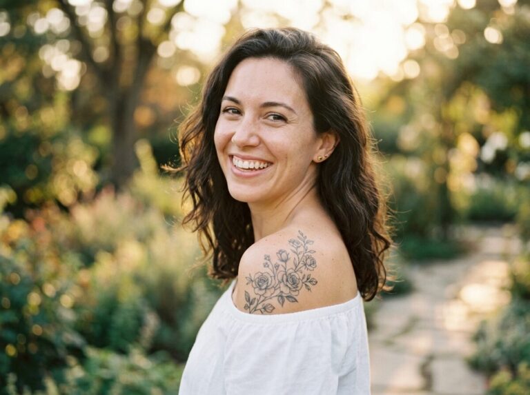 Shoulder tattoos for women: delicate floral tattoo on the shoulder