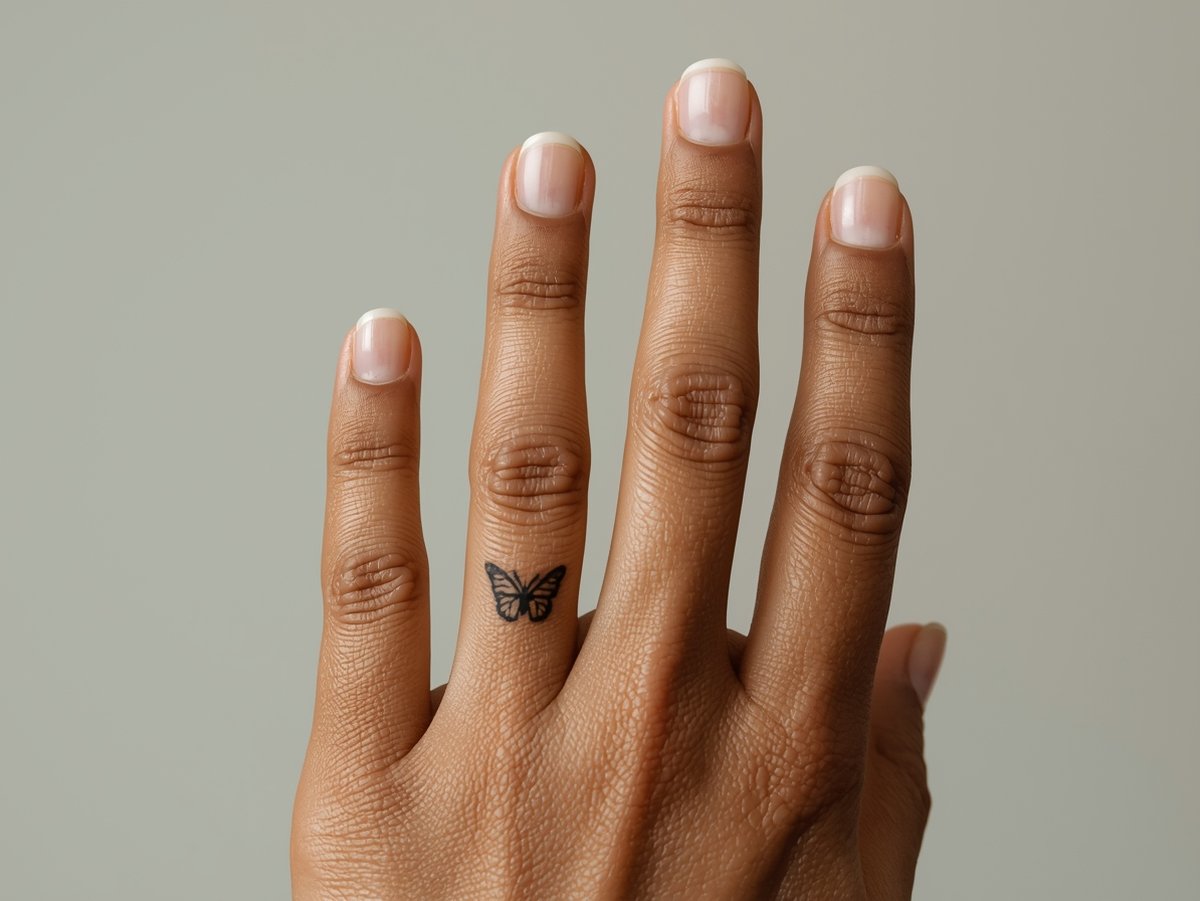 A tiny fine line butterfly with closed wings seen from the side on the side of the finger