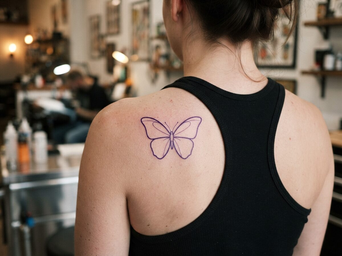 Butterfly tattoo stencil: A simple butterfly with clean symmetrical wings stencil on the back of the shoulder