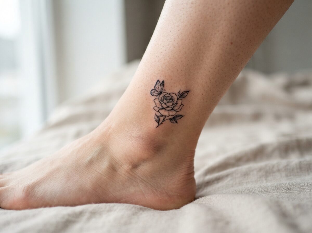 Rose and butterfly tattoo: A small open rose with a butterfly resting on one petal, simple black outline on the outer ankle