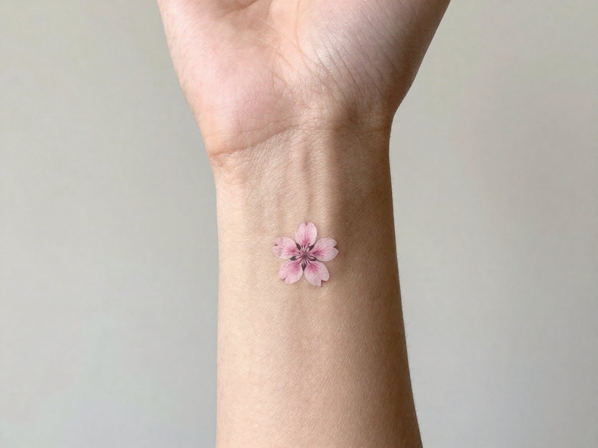 Single small pink cherry blossom flower tattoo on the inner wrist