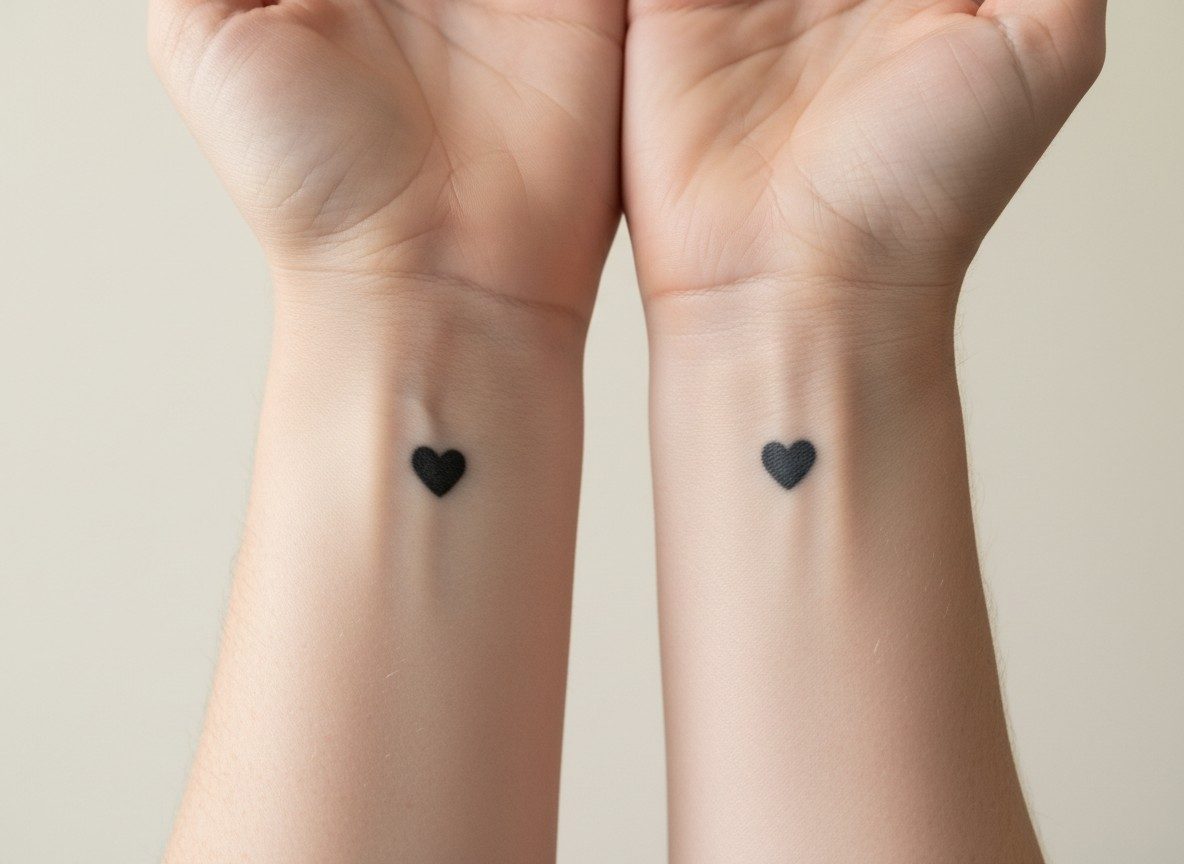 Sister tattoos: matching tiny hearts on the inner wrists side by side