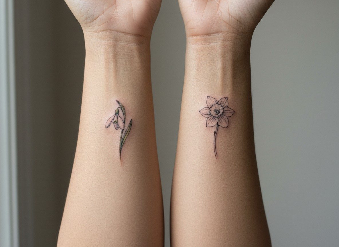 Sister tattoos: birth flowers on the outer forearms side by side