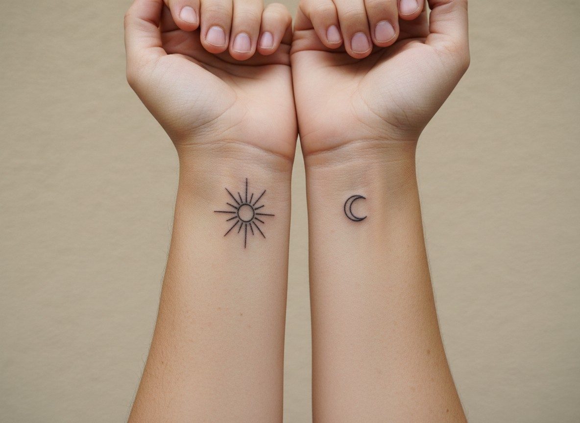 Sister tattoos: sun, moon and star on the wrists side by side