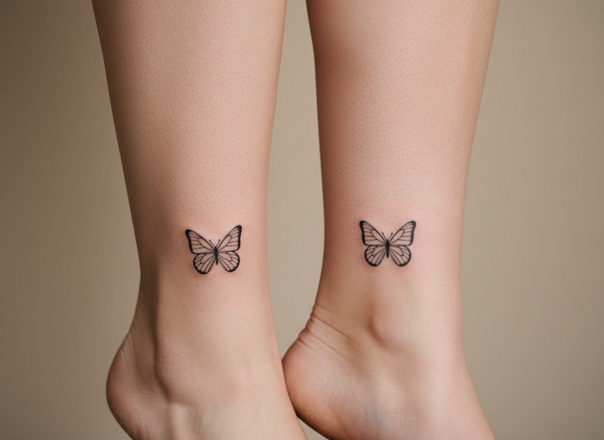 Sister tattoos: matching butterflies on the ankles side by side
