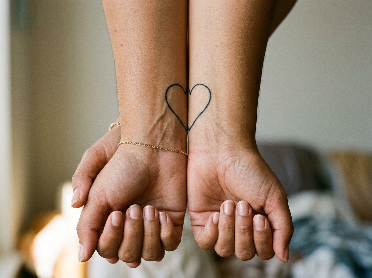 Sister tattoos: connecting hearts on the wrists pressed together