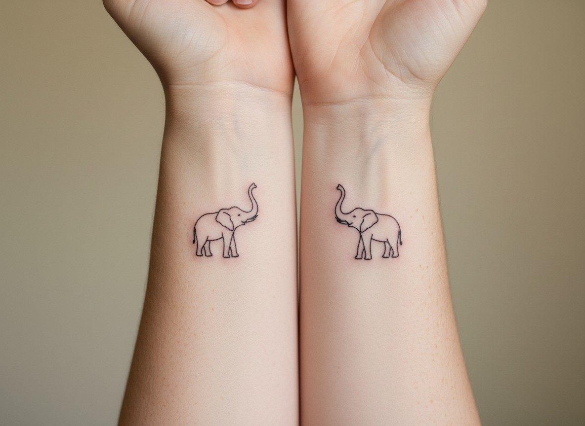 Sister tattoos: matching small elephants on the forearms side by side