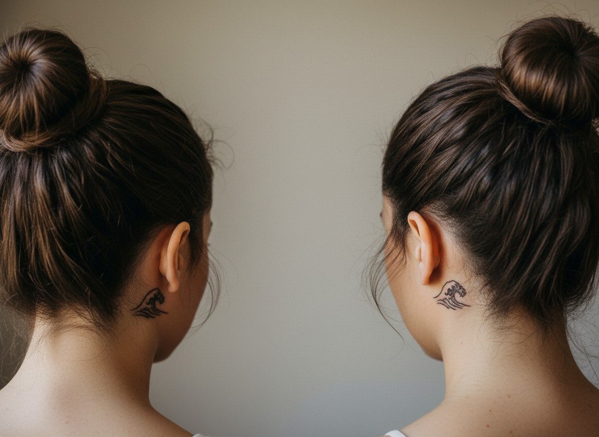 Sister tattoos: matching waves behind the ears