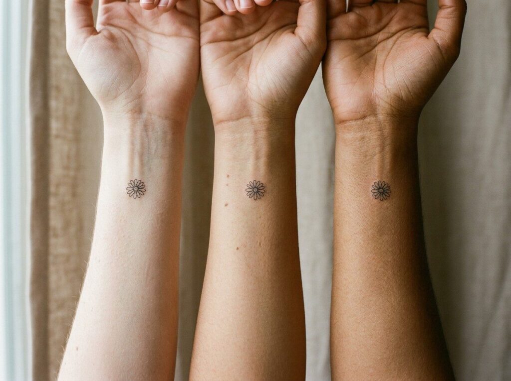 Sister tattoos: matching tiny flowers on three wrists