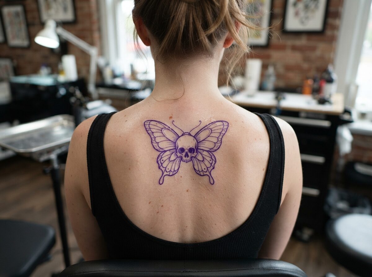 A butterfly with a skull on its body stencil on the upper back