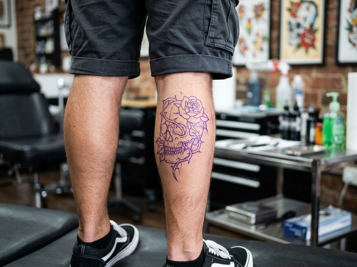 Skull and rose tattoo stencil on the back of a man's calf