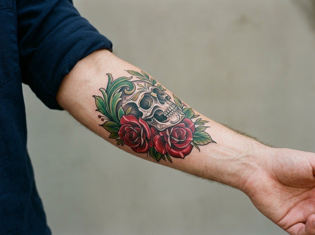 Skull tattoo: skull with roses on the outer forearm