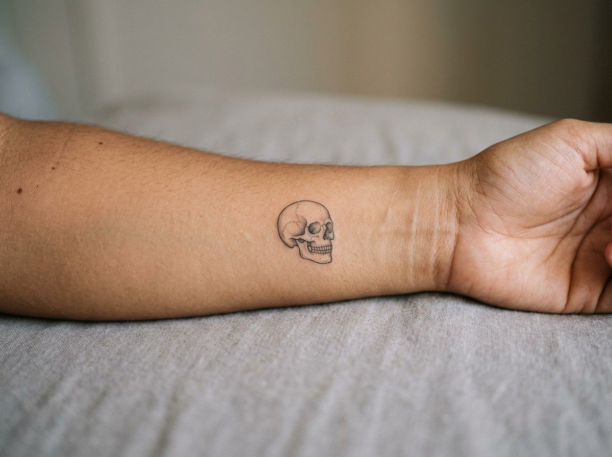 Skull tattoo: fine line skull on the inner forearm