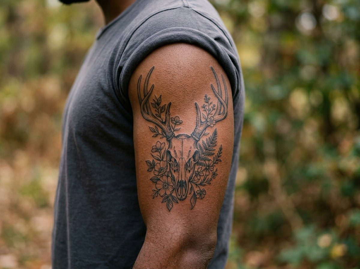 Skull tattoo: deer skull on the upper arm
