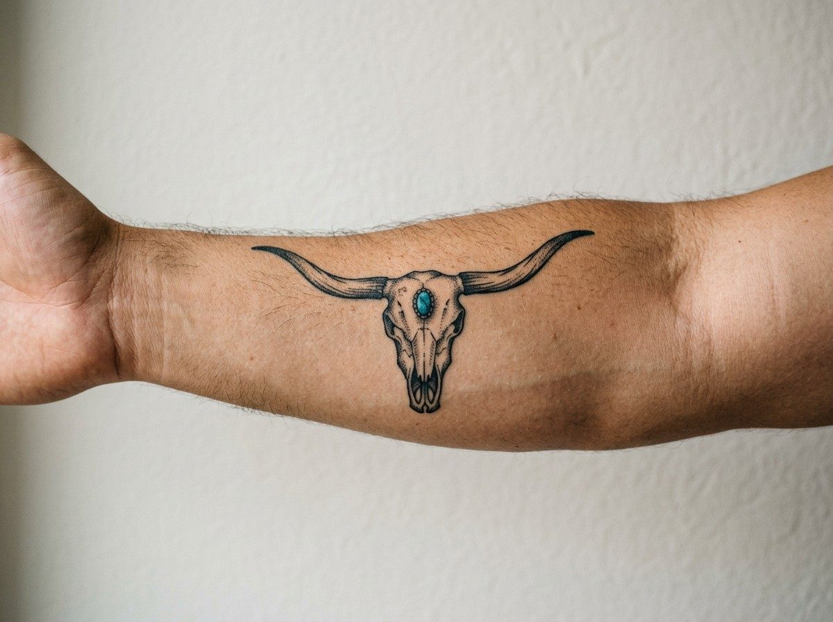 Skull tattoo: longhorn bull skull on the forearm