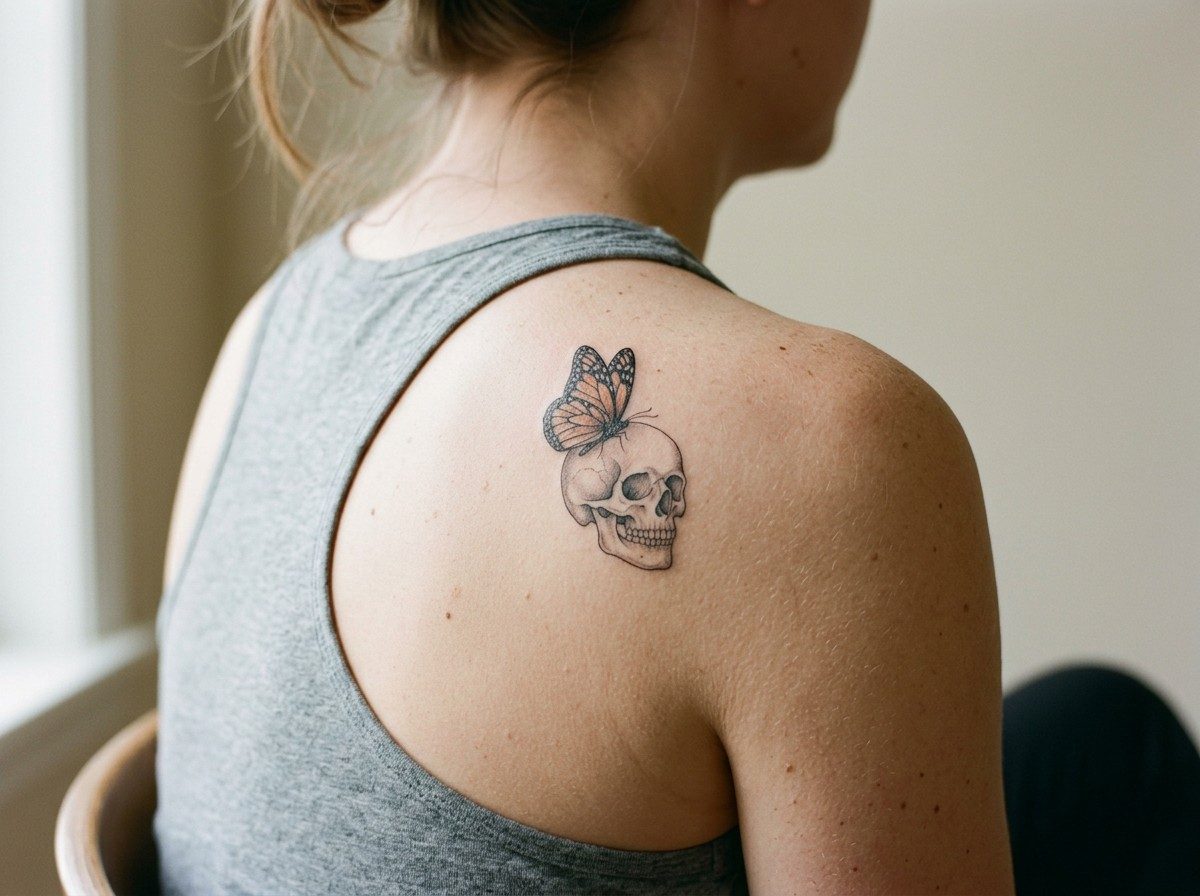 Skull tattoo: skull and butterfly on the shoulder