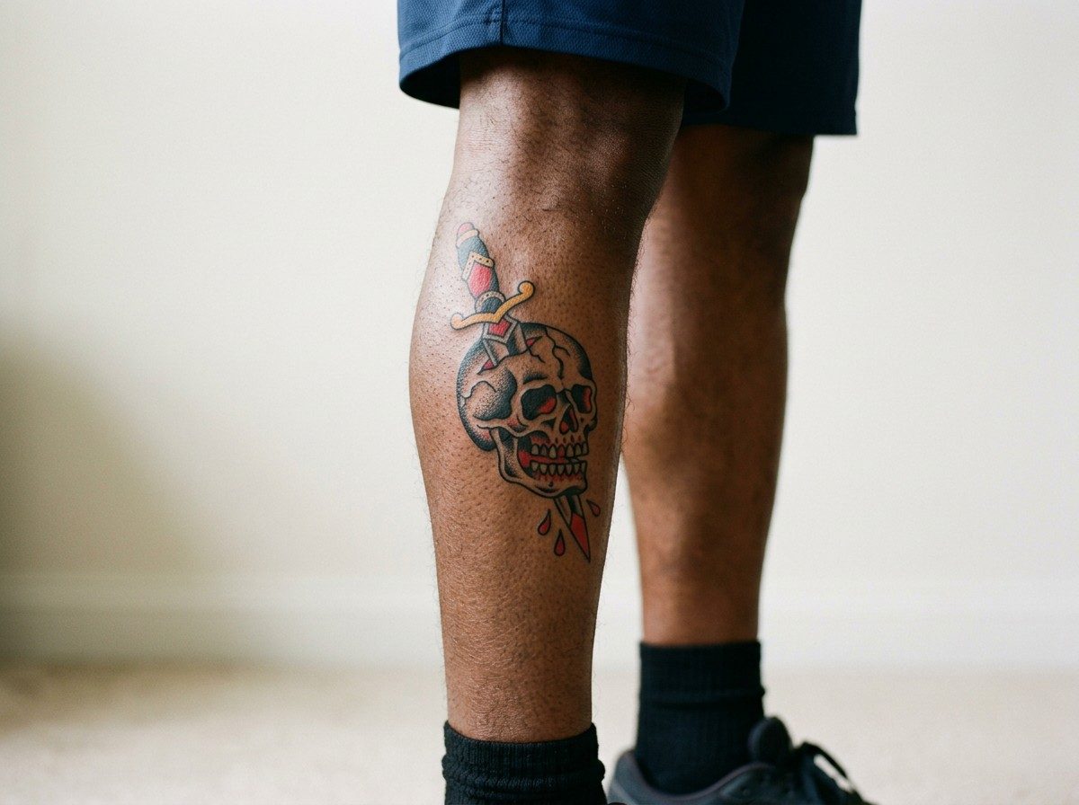 Skull tattoo: traditional skull and dagger on the lower leg (human calf muscle)