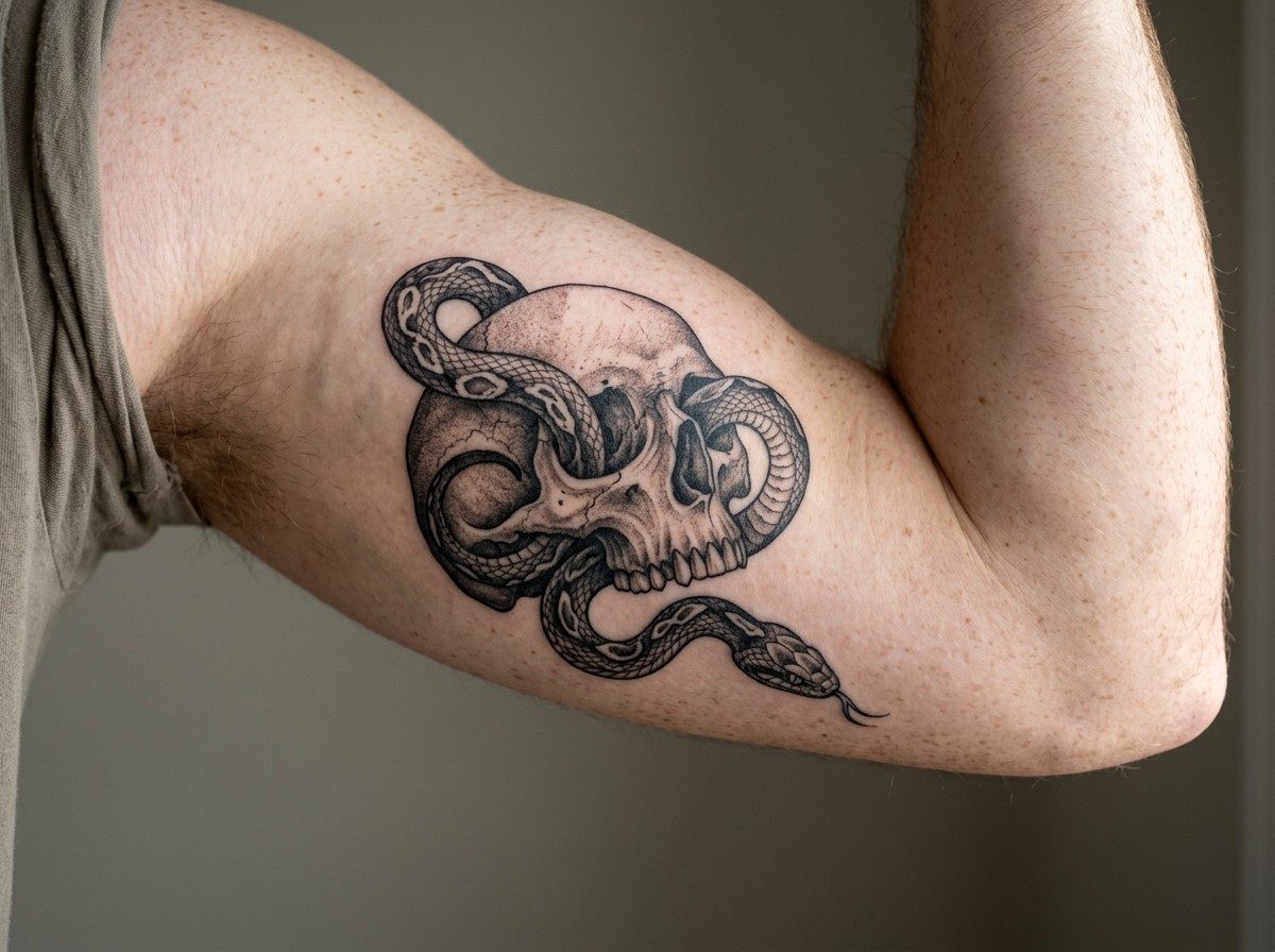 Skull tattoo: skull and snake on the upper arm