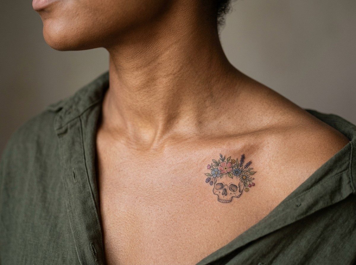 Skull tattoo: skull with flower crown on the collarbone