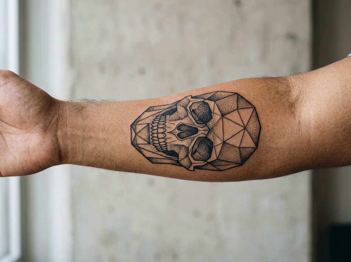 Skull tattoo: geometric skull on the outer forearm
