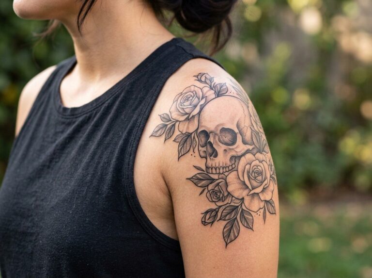Skull tattoo: black and grey skull with roses on the shoulder