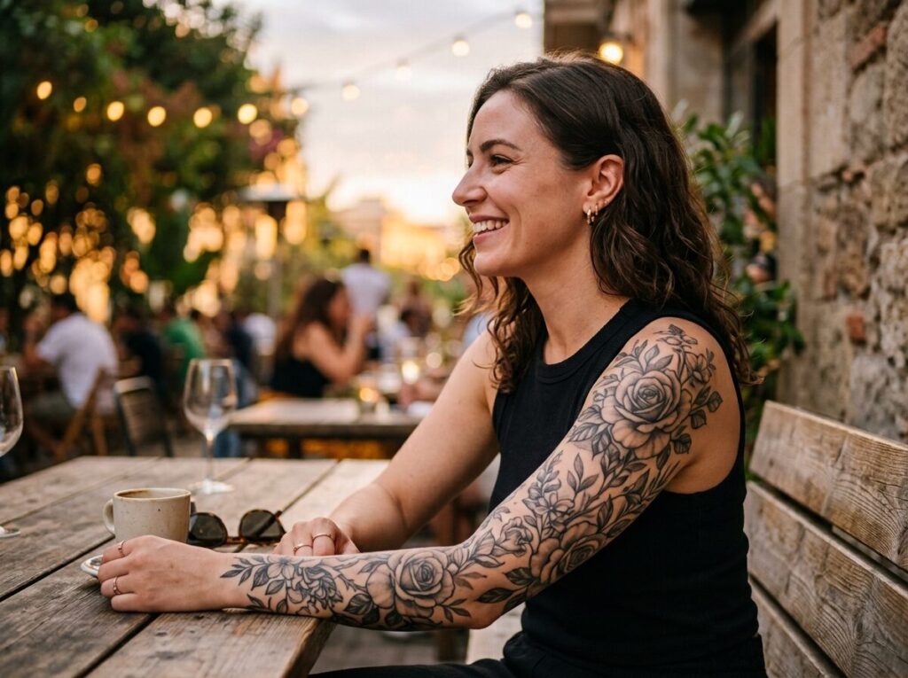 Sleeve tattoos for women: black and grey floral full sleeve on a smiling woman
