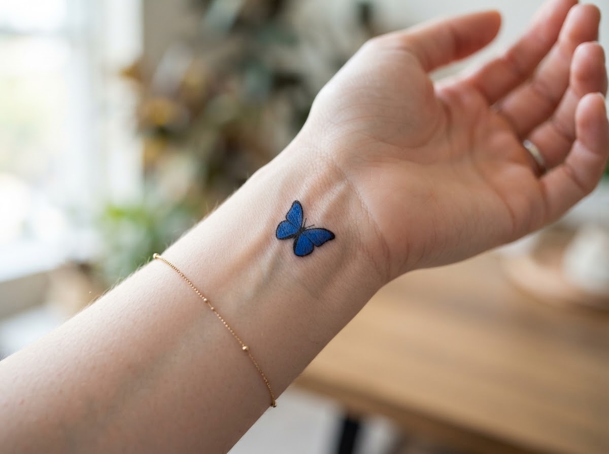 Small minimalist blue butterfly tattoo on the inner wrist