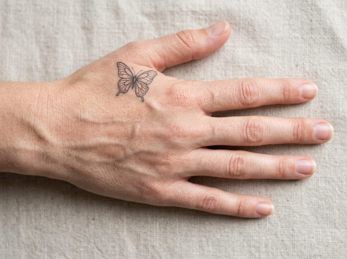 Butterfly hand tattoo: small fine line butterfly near the thumb