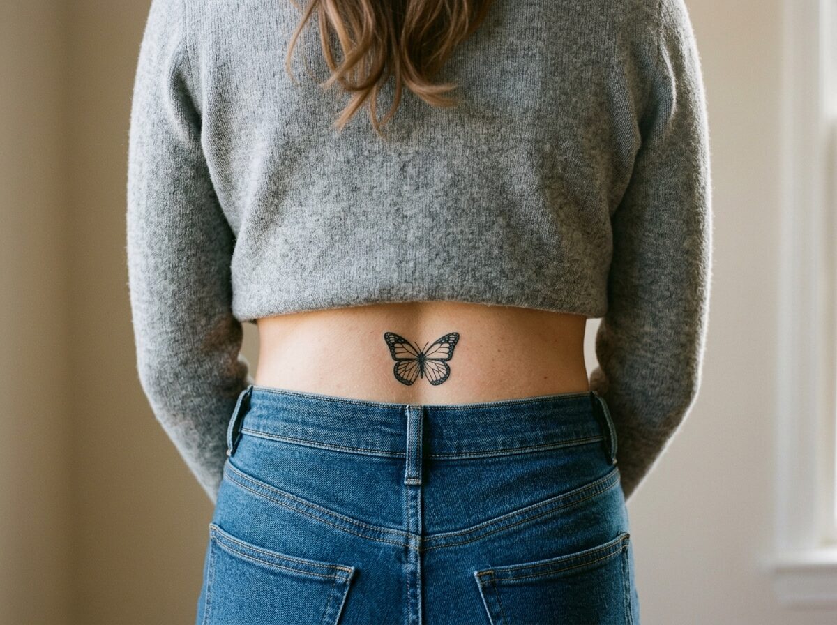Small butterfly tattoo at the base of the spine