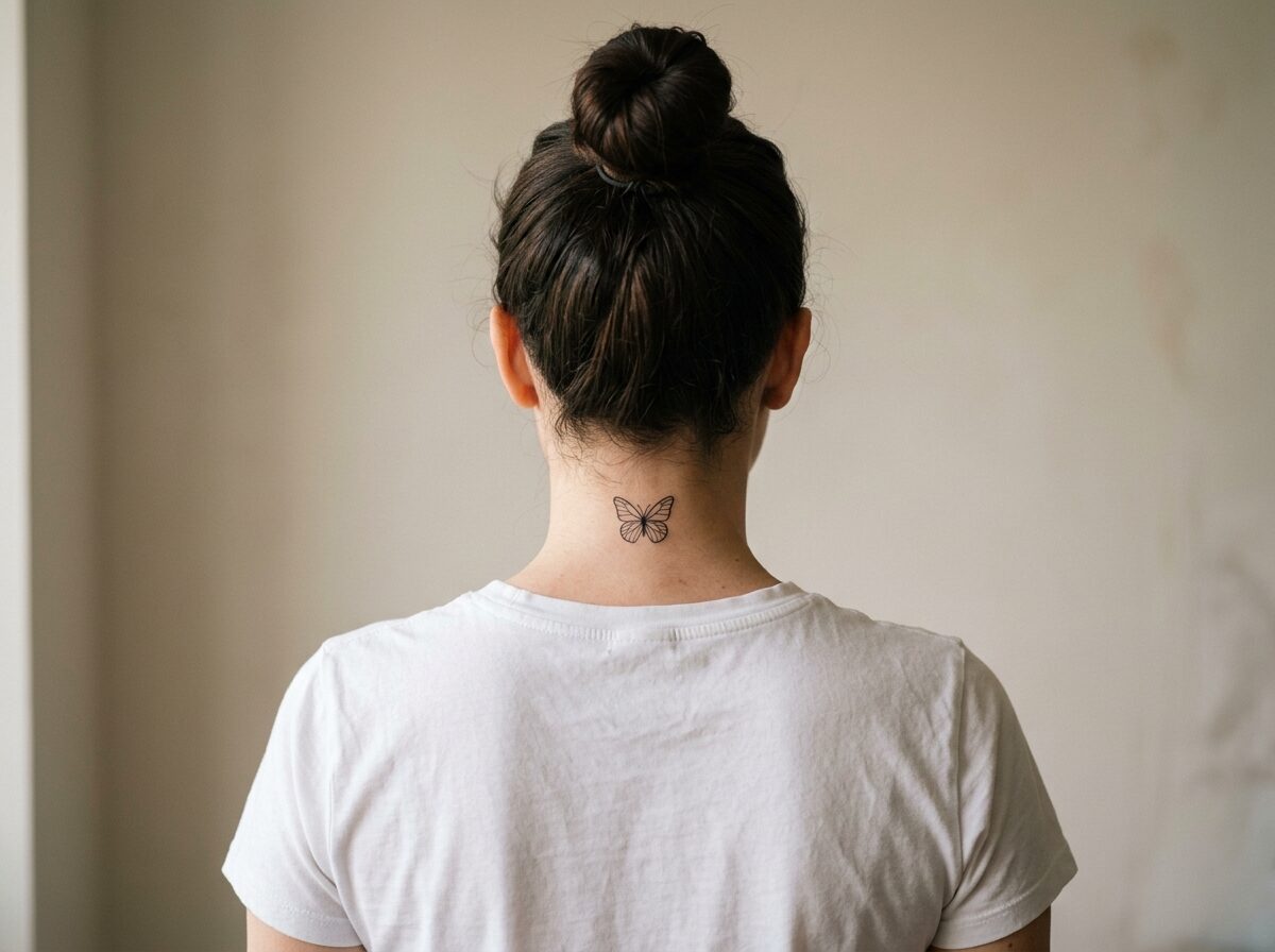 Butterfly neck tattoo: small fine line butterfly on the nape