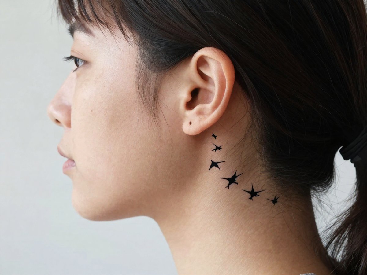Bird tattoo meaning: line of tiny black bird silhouettes in flight tattoo behind the ear